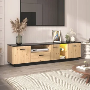 Meuble TV LED 15 lampes - TV-Board avec 1 tiroir + 3 portes + 2 compartiments plaque de toit noir - naturel 180x40x45cm