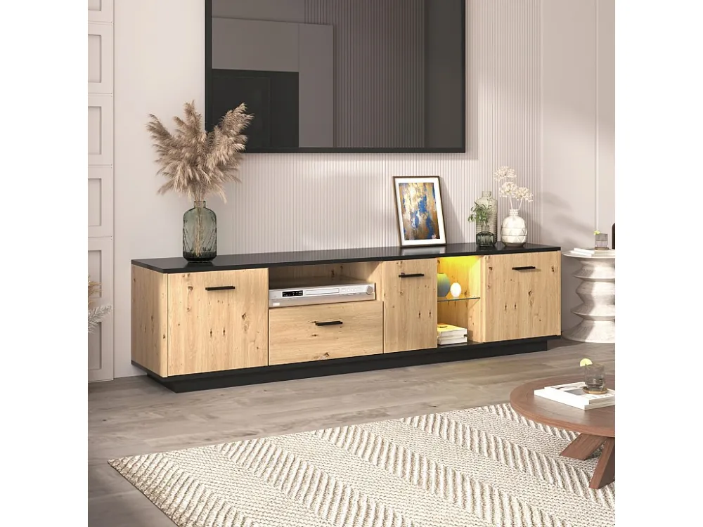 Meuble TV LED 15 lampes - TV-Board avec 1 tiroir + 3 portes + 2 compartiments plaque de toit noir - naturel 180x40x45cm
