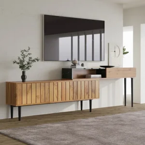 Meuble TV moderne avec design de marbre et de veines de bois -bord en PVC, pieds en fer, couleur bois foncé - 129x30x58cm