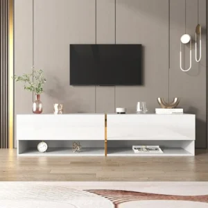 Meuble TV mural-à poser 172x35x40cm, avec 2 portes, rangement combiné, pour TV 60-69 ins, panneaux de particules, blanc