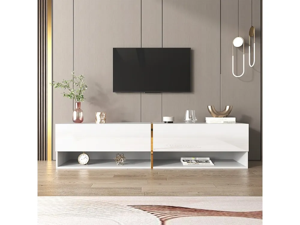 Meuble TV mural-à poser 172x35x40cm, avec 2 portes, rangement combiné, pour TV 60-69 ins, panneaux de particules, blanc