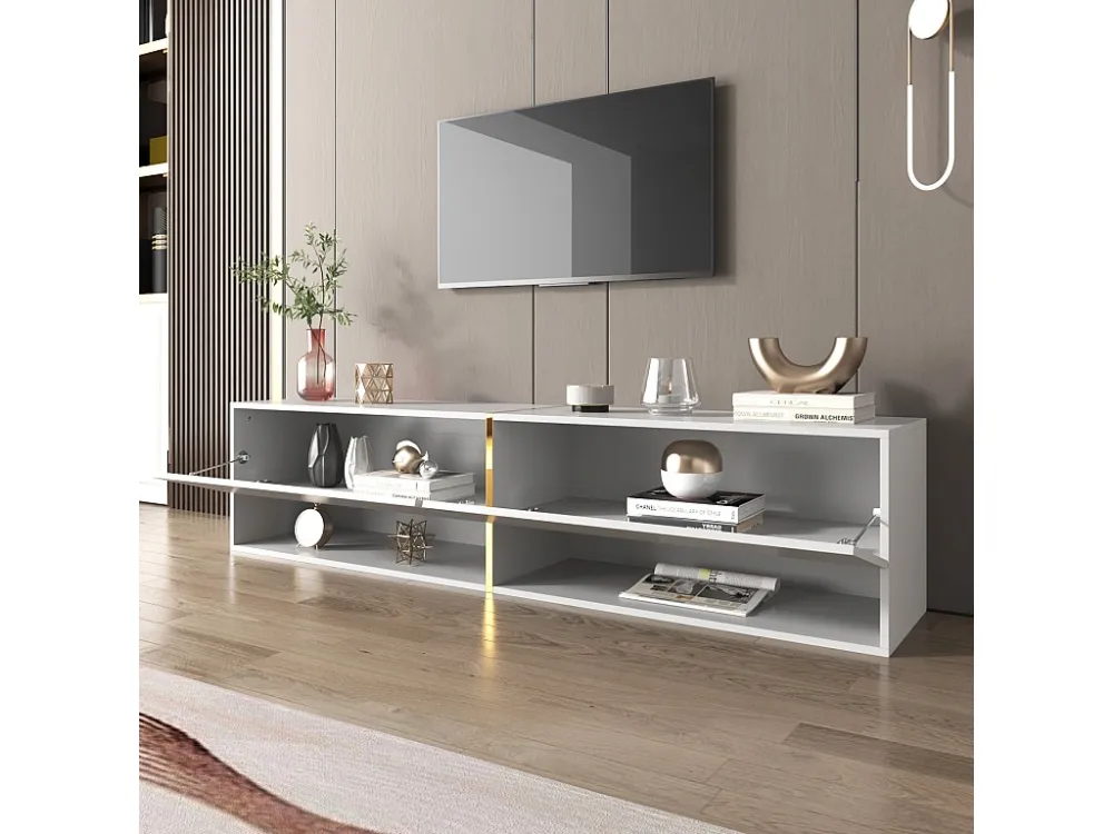 Meuble TV mural-à poser 172x35x40cm, avec 2 portes, rangement combiné, pour TV 60-69 ins, panneaux de particules, blanc