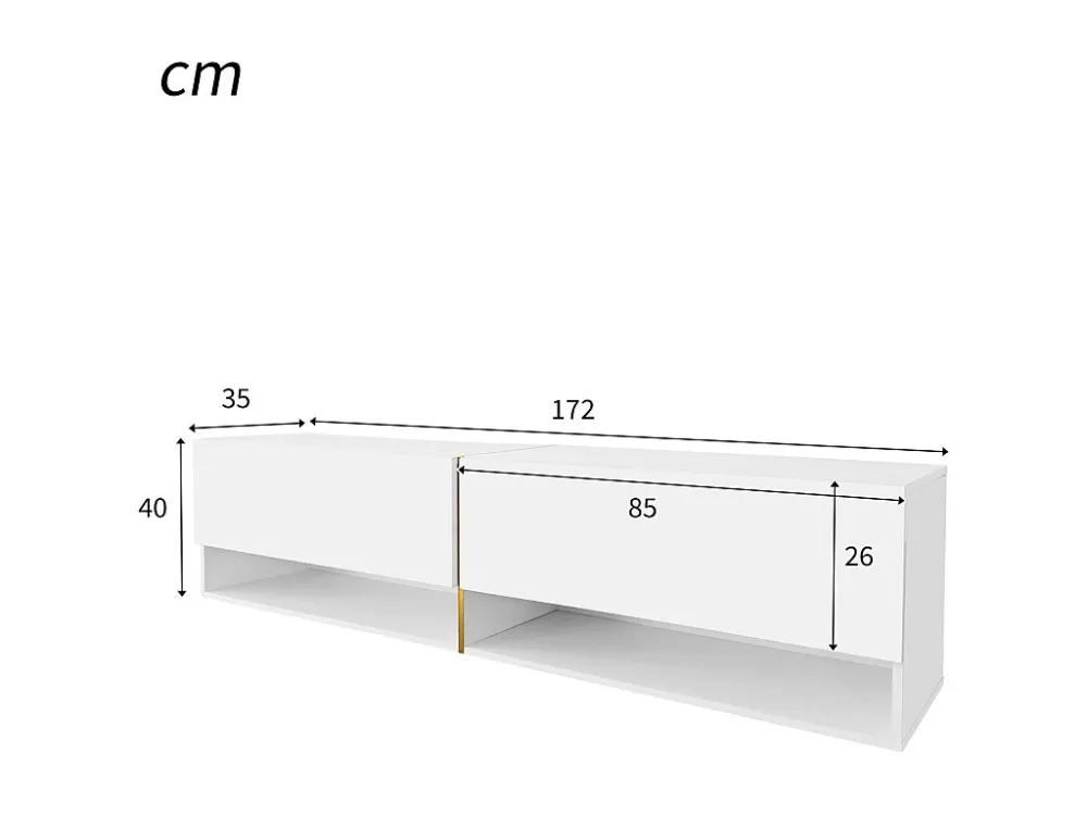 Meuble TV mural-à poser 172x35x40cm, avec 2 portes, rangement combiné, pour TV 60-69 ins, panneaux de particules, blanc