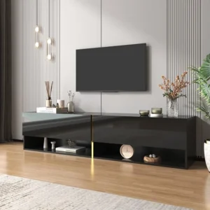 Meuble TV mural-à poser 172x35x40cm, avec 2 portes, rangement combiné, pour TV 60-69 ins, panneaux de particules, noir