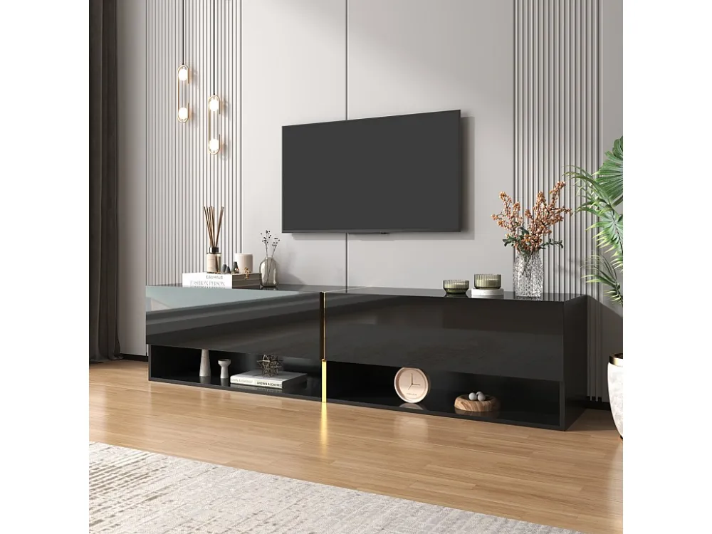 Meuble TV mural-à poser 172x35x40cm, avec 2 portes, rangement combiné, pour TV 60-69 ins, panneaux de particules, noir
