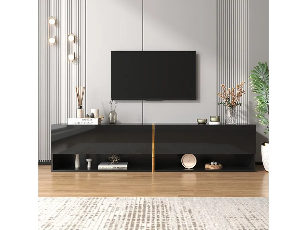 Meuble TV mural-à poser 172x35x40cm, avec 2 portes, rangement combiné, pour TV 60-69 ins, panneaux de particules, noir