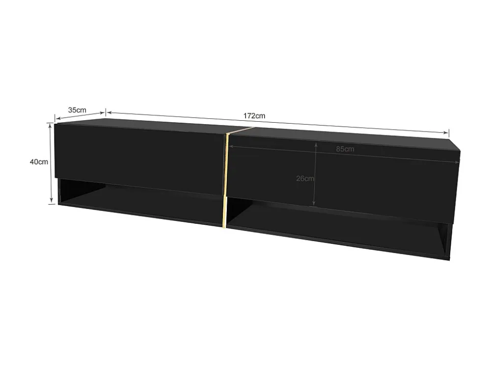 Meuble TV mural-à poser 172x35x40cm, avec 2 portes, rangement combiné, pour TV 60-69 ins, panneaux de particules, noir