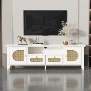 Meuble TV en peint et biseauté, portes et tiroirs en rotin courbé, y compris les compartiments ouverts 160x38x50cm blanc