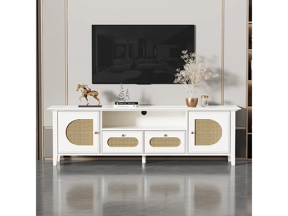 Meuble TV en peint et biseauté, portes et tiroirs en rotin courbé, y compris les compartiments ouverts 160x38x50cm blanc