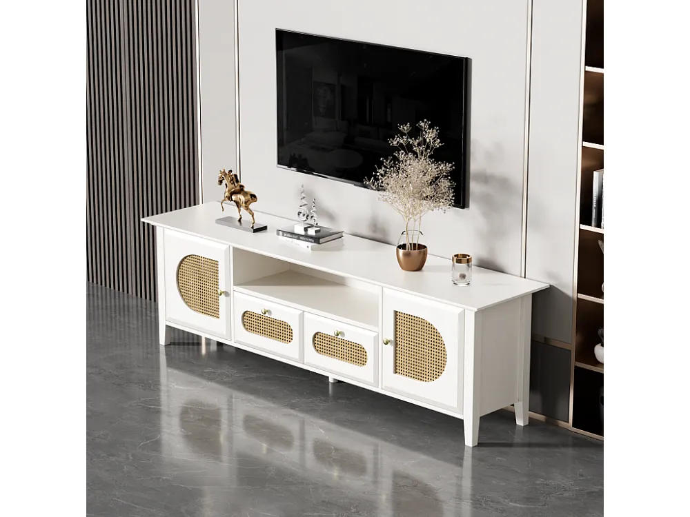 Meuble TV en peint et biseauté, portes et tiroirs en rotin courbé, y compris les compartiments ouverts 160x38x50cm blanc