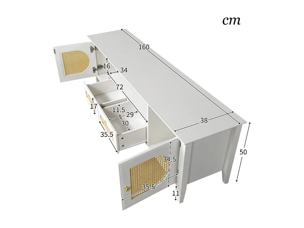 Meuble TV en peint et biseauté, portes et tiroirs en rotin courbé, y compris les compartiments ouverts 160x38x50cm blanc