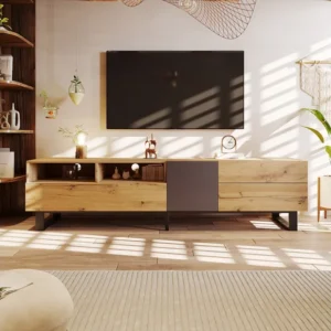 Meuble TV - 2 portes et 2 tiroirs - Bois massif - Contemporain - Marron