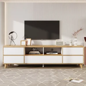Meuble TV tyle campagnard naturel avec tiroirs, compartiments et portes en blanc et couleurs bois - 175 L x 37 B x 51H(cm)