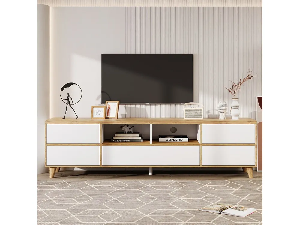 Meuble TV tyle campagnard naturel avec tiroirs, compartiments et portes en blanc et couleurs bois - 175 L x 37 B x 51H(cm)