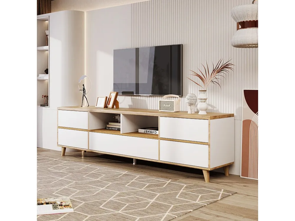 Meuble TV tyle campagnard naturel avec tiroirs, compartiments et portes en blanc et couleurs bois - 175 L x 37 B x 51H(cm)