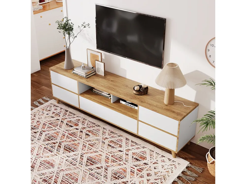 Meuble TV tyle campagnard naturel avec tiroirs, compartiments et portes en blanc et couleurs bois - 175 L x 37 B x 51H(cm)