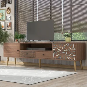 Meuble TV vintage avec 2 portes, 2 tiroirs design campagnard, pieds dorés Lowboard avec impression - naturel 180x38x50.5cm