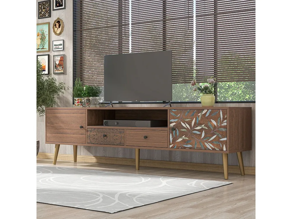 Meuble TV vintage avec 2 portes, 2 tiroirs design campagnard, pieds dorés Lowboard avec impression - naturel 180x38x50.5cm