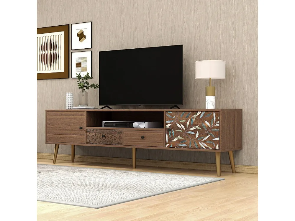 Meuble TV vintage avec 2 portes, 2 tiroirs design campagnard, pieds dorés Lowboard avec impression - naturel 180x38x50.5cm