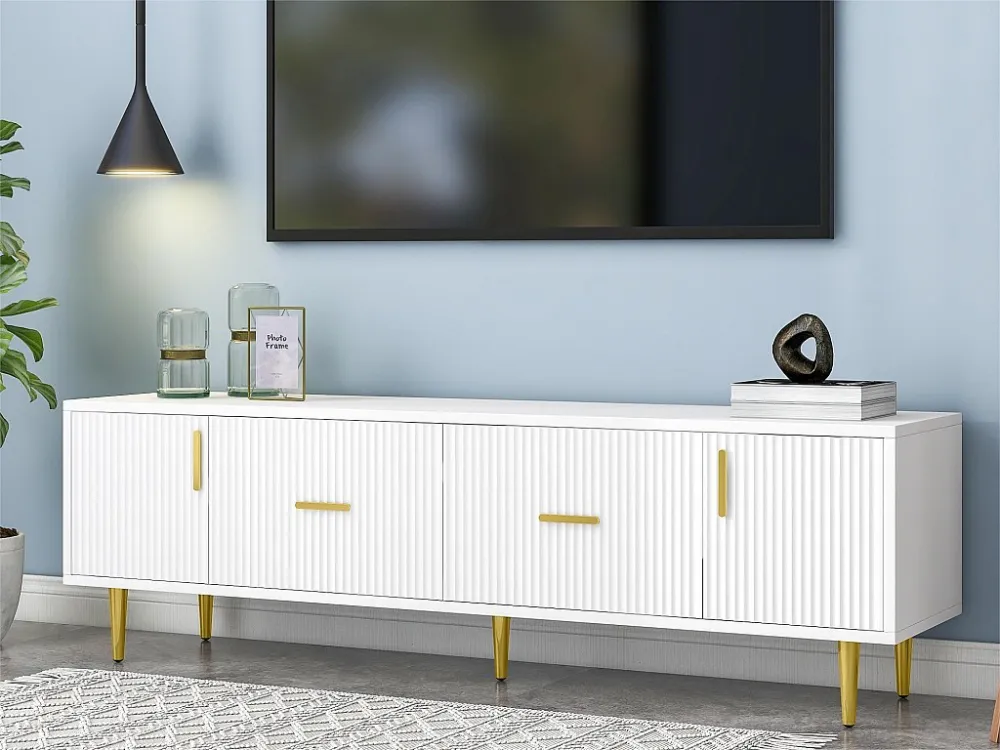 Eigentijds Scandinavisch tv-meubel 170 cm voor 70" tv - 2 deuren en 2 laden - Wit ModernLuxe