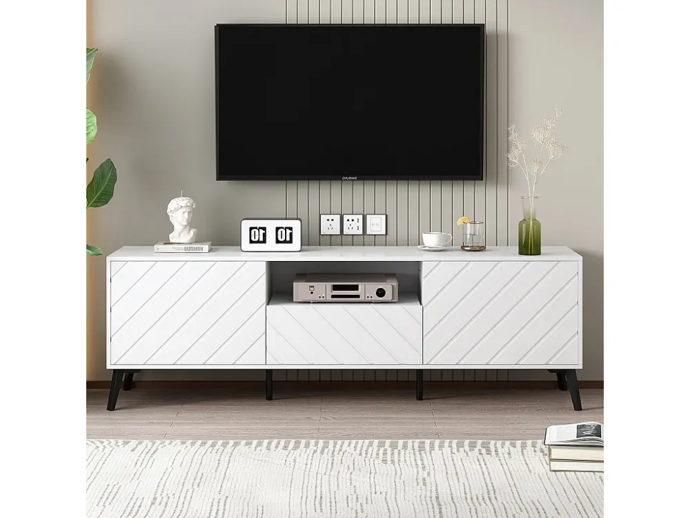Eigentijds Scandinavisch TV-meubel 170cm voor 70" TV - 2 deuren 1 lade 1 nis - Wit ModernLuxe