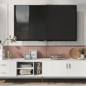Eigentijds Scandinavisch tv-meubel 180 cm voor 75" tv - 2 laden en 3 vakken - wit ModernLuxe