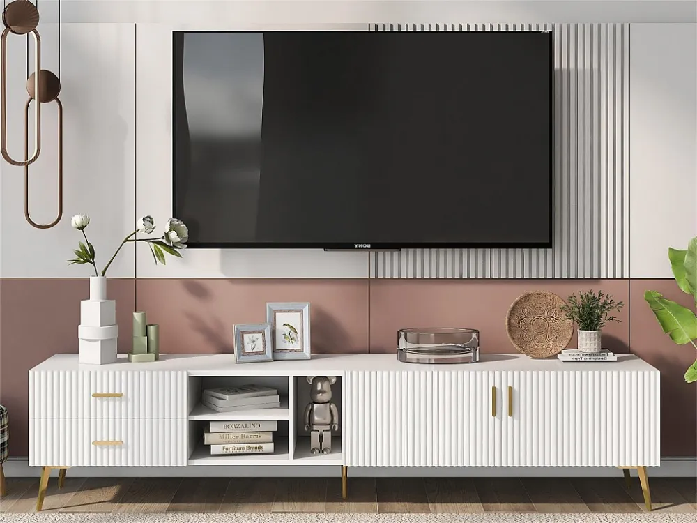 Eigentijds Scandinavisch tv-meubel 180 cm voor 75" tv - 2 laden en 3 vakken - wit ModernLuxe