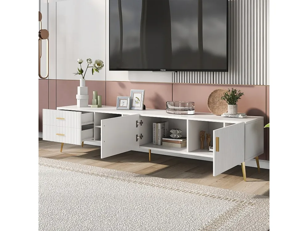 Eigentijds Scandinavisch tv-meubel 180 cm voor 75" tv - 2 laden en 3 vakken - wit ModernLuxe
