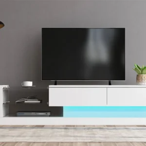 Eigentijds TV-meubel 140cm geschikt voor 60" TV met LED 16 kleuren en glazen planken - Wit ModernLuxe