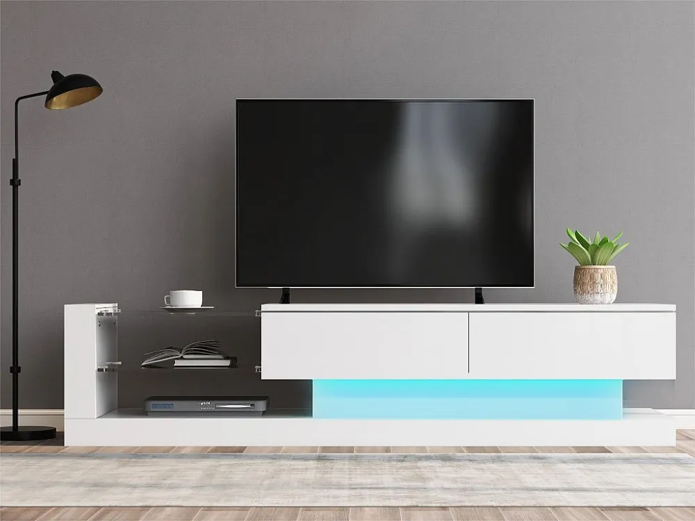 Eigentijds TV-meubel 140cm geschikt voor 60" TV met LED 16 kleuren en glazen planken - Wit ModernLuxe