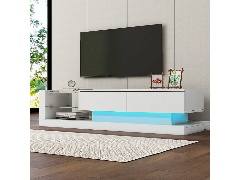 Eigentijds TV-meubel 140cm geschikt voor 60" TV met LED 16 kleuren en glazen planken - Wit ModernLuxe