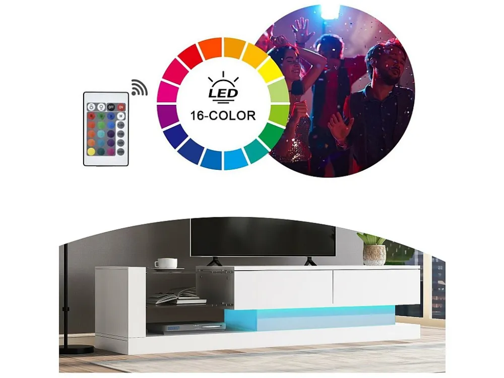 Eigentijds TV-meubel 140cm geschikt voor 60" TV met LED 16 kleuren en glazen planken - Wit ModernLuxe