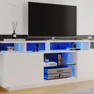 Modern TV-meubel 140cm met LED voor 60" TV - 2 deuren en 2 glazen compartimenten - Wit ModernLuxe