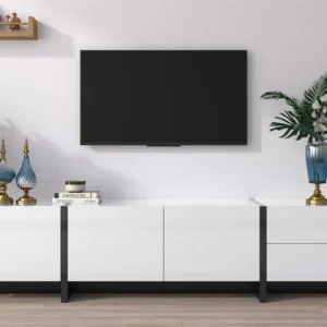 Modern TV-meubel 190cm met 3 deuren en 2 lades - Glanzend wit & Zwart ModernLuxe