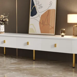 Modern TV-meubel - 3 lades met gouden handgrepen en poten - Wit ModernLuxe