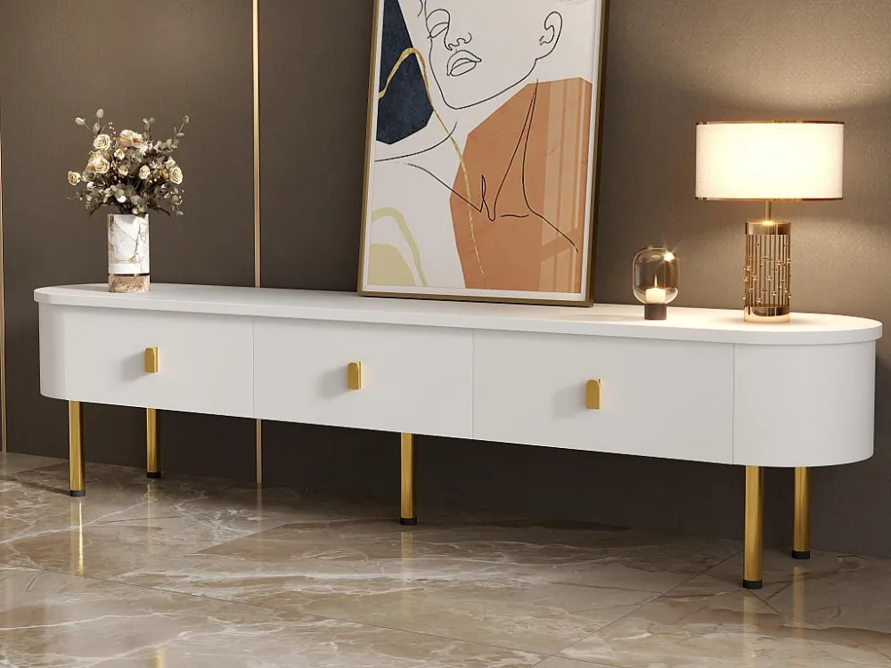 Modern TV-meubel - 3 lades met gouden handgrepen en poten - Wit ModernLuxe