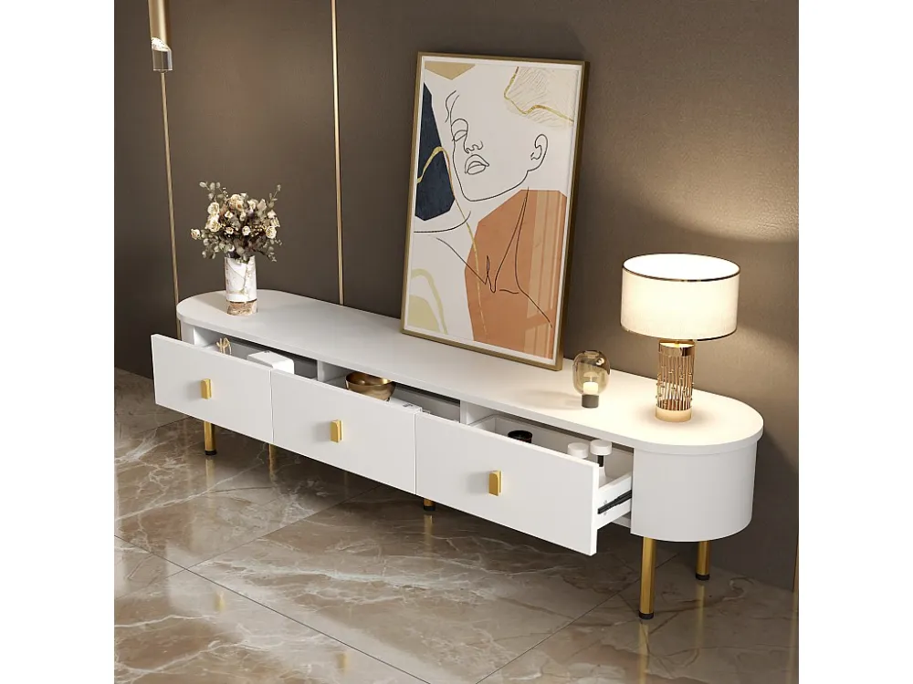 Modern TV-meubel - 3 lades met gouden handgrepen en poten - Wit ModernLuxe