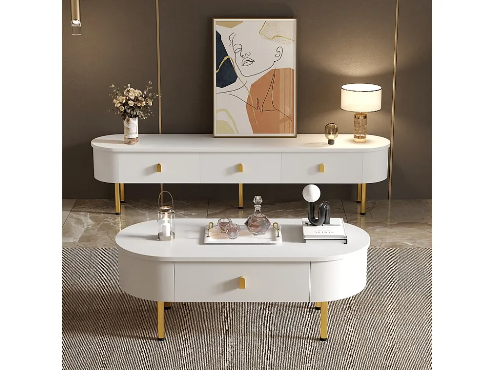 Modern TV-meubel - 3 lades met gouden handgrepen en poten - Wit ModernLuxe