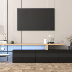 Modern TV-meubel 2m met 3 deuren en 2 glazen vakken - Zwart & Naturel ModernLuxe
