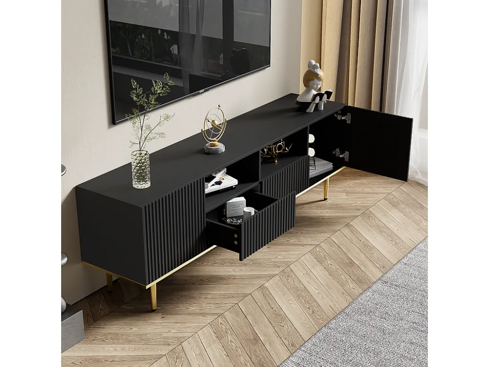 Modern TV-meubel - met 2 deuren en 2 lades - metalen poten - Zwart ModernLuxe