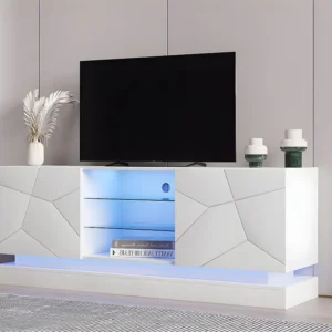 Modern TV-meubel met gekleurde LED - geschikt voor 70" TV - 2 deuren en 3 planken - Wit ModernLuxe