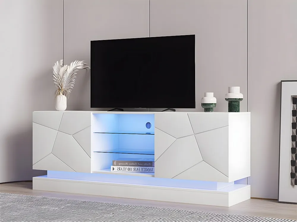 Modern TV-meubel met gekleurde LED - geschikt voor 70" TV - 2 deuren en 3 planken - Wit ModernLuxe