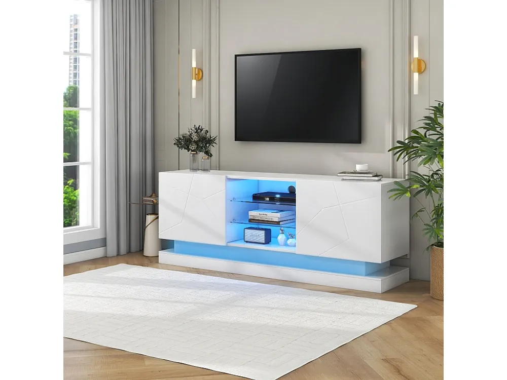 Modern TV-meubel met gekleurde LED - geschikt voor 70" TV - 2 deuren en 3 planken - Wit ModernLuxe