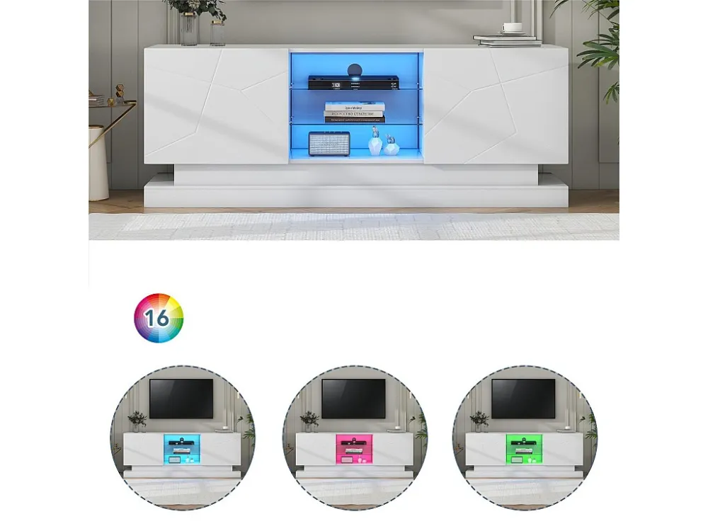 Modern TV-meubel met gekleurde LED - geschikt voor 70" TV - 2 deuren en 3 planken - Wit ModernLuxe