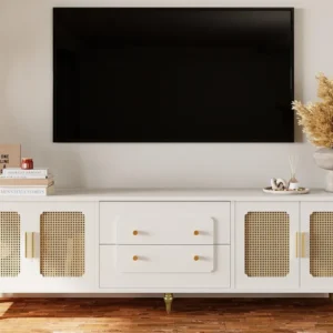 Modern TV-meubel - met rotan deuren en 2 lades - metalen poten - Wit ModernLuxe