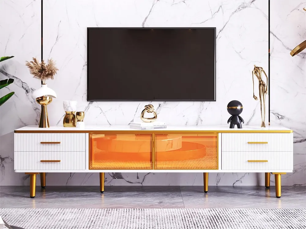 Scandinavisch TV-meubel 170cm met LED - 4 lades - marmerpatroon fineer - Wit ModernLuxe