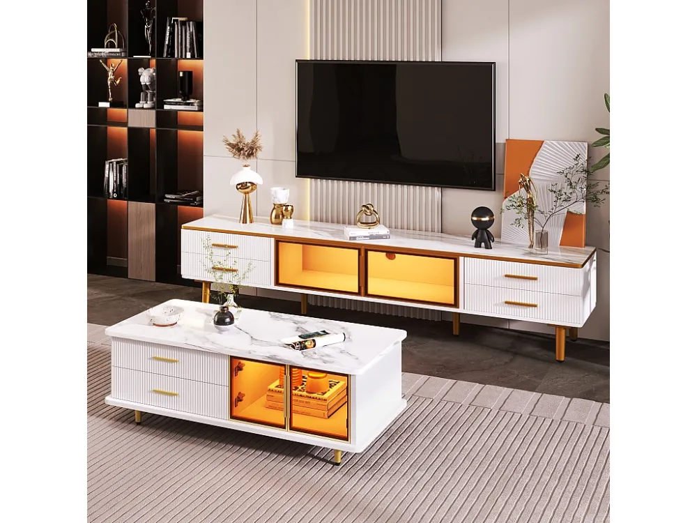 Scandinavisch TV-meubel 170cm met LED - 4 lades - marmerpatroon fineer - Wit ModernLuxe