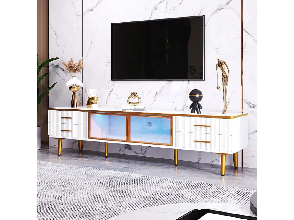 Scandinavisch TV-meubel 170cm met LED - 4 lades - marmerpatroon fineer - Wit ModernLuxe