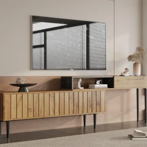 Scandinavisch tv-meubel - marmeren afwerking - zwart en naturel ModernLuxe