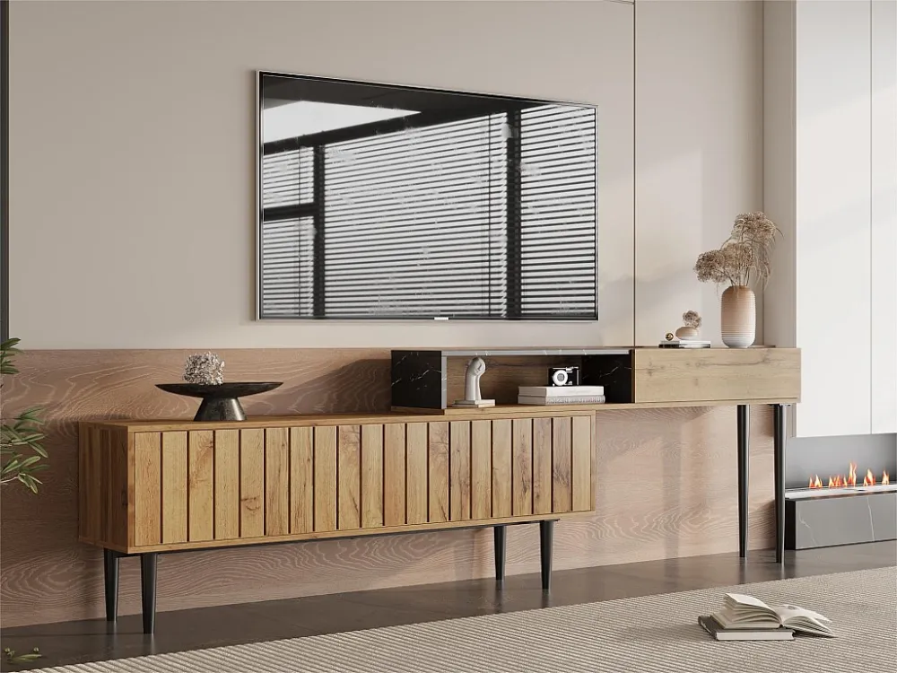 Scandinavisch tv-meubel - marmeren afwerking - zwart en naturel ModernLuxe